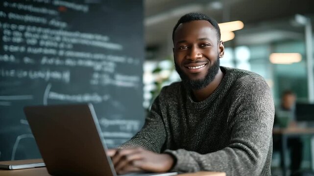 A smiling African American IT expert codes machine learning algorithms in a startup office reviewing code on a laptop a whiteboard with bug fixes AI code review startup tech