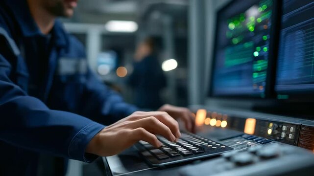 A technician in a server room types on a keyboard implementing power management solutions screens showing energy consumption graphs server racks glowing with green LEDs power