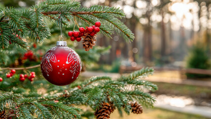 Festive red ornament hanging from a pine tree branch in a peaceful forest setting during the golden hour of winter