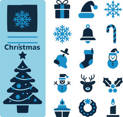 Christmas solid icons set including tree, gift, snowflake, hat, bell, reindeer, and snowman. Flat blue festive vector symbols for winter holiday greeting cards and seasonal celebration design.