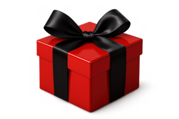 Red gift box wrapped with a black satin ribbon bow, symbolizing surprise, luxury, and special event presentations, on transparent background