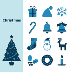 Flat blue Christmas icons pack with festive tree, gift, snowflake, candy cane, sock, reindeer, snowman, and wreath. Modern vector winter holiday and new year symbols for celebration design.