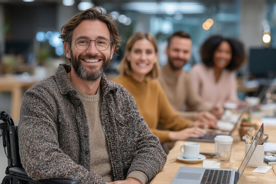 Smiling Man in Wheelchair and Colleagues Working Together with Laptops