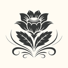 Elegant black floral ornament with swirling decorative elements on a light cream background
