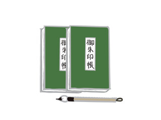 Illustration of a goshuincho (stamp book) and a small brush with ink
