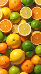 Overhead shot of a medley of citrus fruits, cut and whole, with leaves