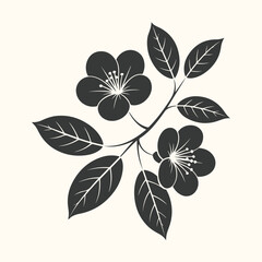 Stylized black cherry blossom branch with leaves, elegant floral design element