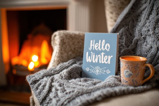 Hello Winter postcard on knitted blanket draped over an armchair by a crackling fireplace.
