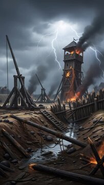 Medieval siege with burning watchtower, trebuchets, and defensive wall under a stormy sky with lightning, historical battle footage.