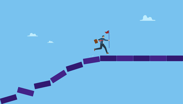 Businessman jumping on collapse bridge to reach target. Survive and success in crisis, taking risk to thrive and succeed, courage or confidence to achieve target, effort to overcome challenge.