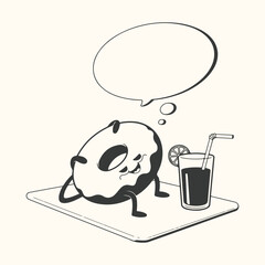 A cartoon donut relaxing on a mat with a drink and a thought bubble