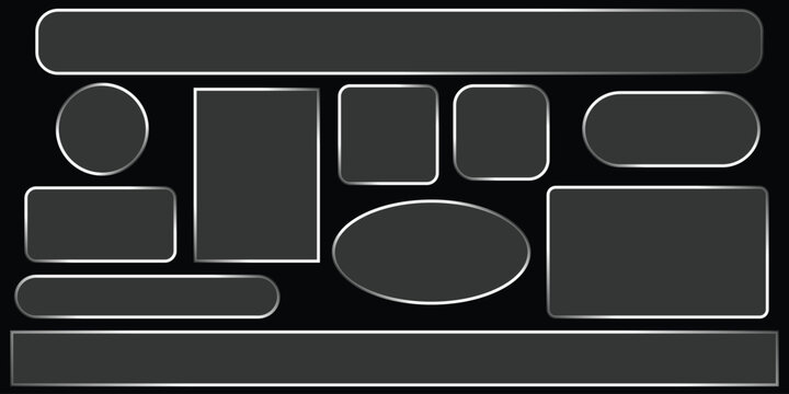 Set of dark grey buttons and shapes with white outlines on a grid background, ideal for website or application interface design