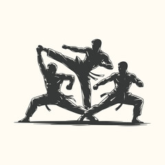 Three martial artists in dynamic poses, showcasing karate or taekwondo techniques with kicks and stances