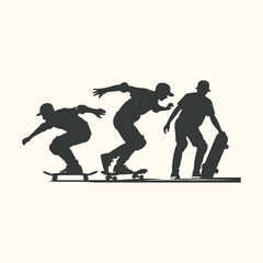 Silhouette of a skateboarder in three different poses, demonstrating motion and skill