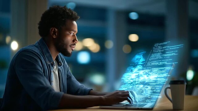 An African American IT engineer analyzes programming code on a laptop a futuristic interface with automation scripts glowing behind his desk with a coffee mug AI automation