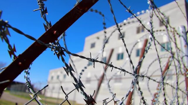 Barbed wire detail in focus, against blurred prison building, for representing security