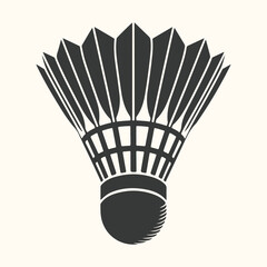 A black and white silhouette of a badminton shuttlecock, isolated on a light cream background