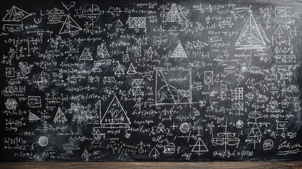Intricate Black Chalkboard Filled with Complex Mathematical Equations and Geometric Shapes