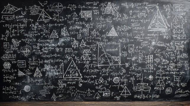 Intricate Black Chalkboard Filled with Complex Mathematical Equations and Geometric Shapes - Powered by Adobe