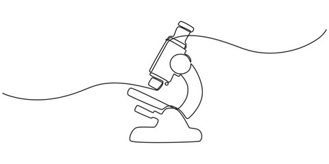 Continuous one line drawing of microscope laboratory. Microscope line art vector illustration. Research and science, microbiology medical research concept © Vector Man