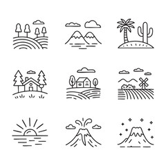 Collection of nine simple black line art icons depicting landscapes and natural elements