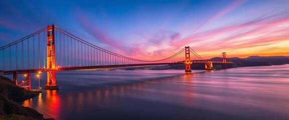 Golden Gate Bridge reflected in San Francisco Bay's calm waters at sunset, golden gate, landmark