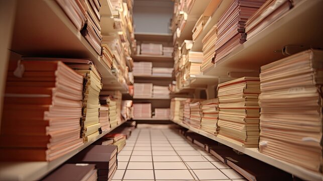 Organized Banking Archive with Stacked Files and Document Folders for Administrative Use in Office Storage