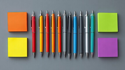 Colorful Pens and Sticky Notes Arranged on Grey Background for Office Organization and Stationery Inspiration