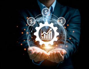 Businessman holding a glowing hologram of a gear with a growth chart, representing global financial technology and economic development.