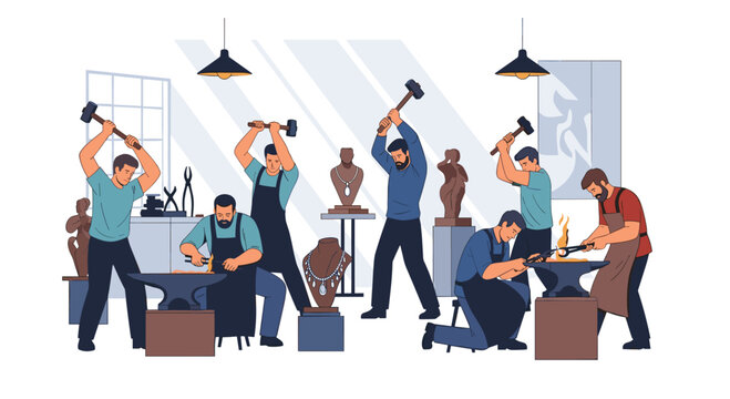 Skilled artisans meticulously craft exquisite jewelry and sculptures in a bustling, sunlit workshop, showcasing dedication and artistry