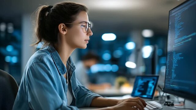 A female engineer develops apps using an AI LLM chatbot debugging on multiple devices a startup office with whiteboards AI app development chatbot debugging tech internship