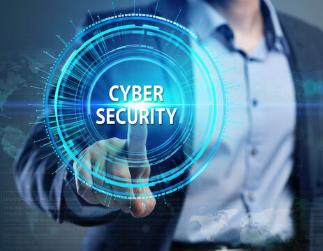 Business professional touching a futuristic holographic interface with the words Cyber Security.