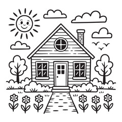Fototapeta premium Hand drawn cartoon sun house with trees and flowers on white background home building