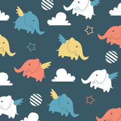 blue background animal elephant cute cartoon seamless pattern vector design for kids apparel fullprint fabric