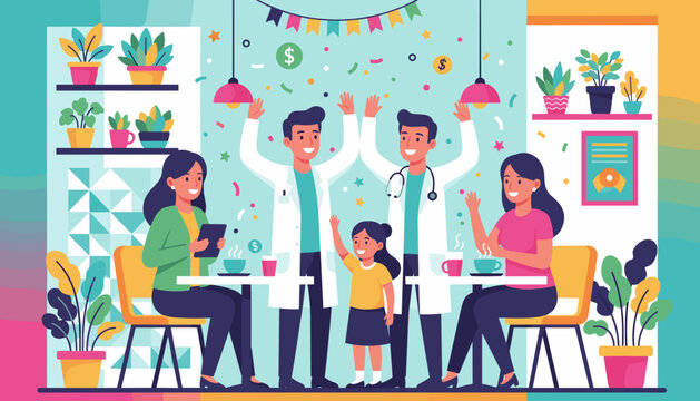 Happy medical team celebration with family confetti and dollar signs Success concept - Powered by Adobe