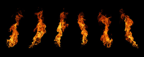 Collection of isolated fire flames on black background, showing different shapes and movement of burning heat. Perfect for energy themes, power concepts, fire effects, and creative visual design.
