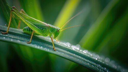Fototapeta premium Close-Up of Green Grasshopper Sitting on Dewy Grass Blade Under Soft Natural Light