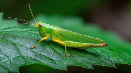 Fototapeta premium Close-Up of a Vibrant Green Grasshopper on a Leaf During Daylight in a Natural Environment