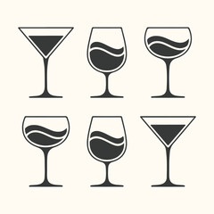 Collection of six different wine and cocktail glasses with dark liquid, isolated on a light background