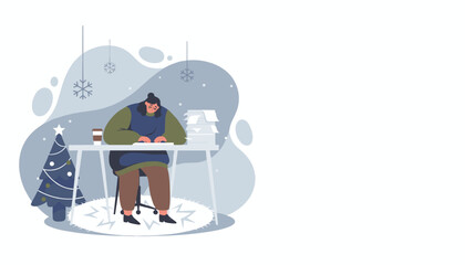 Stressed worker overwhelmed by tasks during the Christmas holidays