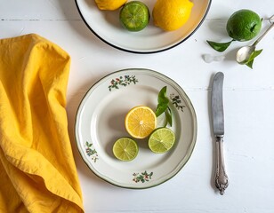 Overhead shot of citrus fruits with silverware and a yellow cloth