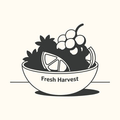 A black and white illustration of a bowl filled with fresh fruits like grapes, oranges, and strawberries, with the text fresh harvest on the bowl