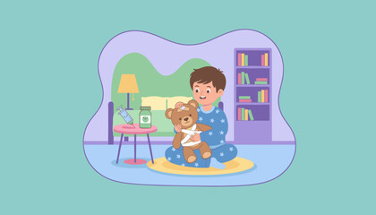 Child playing doctor tending to his bandaged teddy bear in a brightly colored bedroom