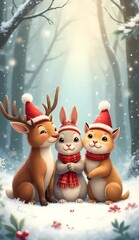 Cute Christmas Animals Sitting in Snow with Santa Hats and Warm Lights