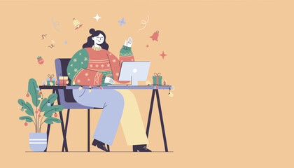 Woman enjoying Christmas remote work or virtual celebration on her laptop