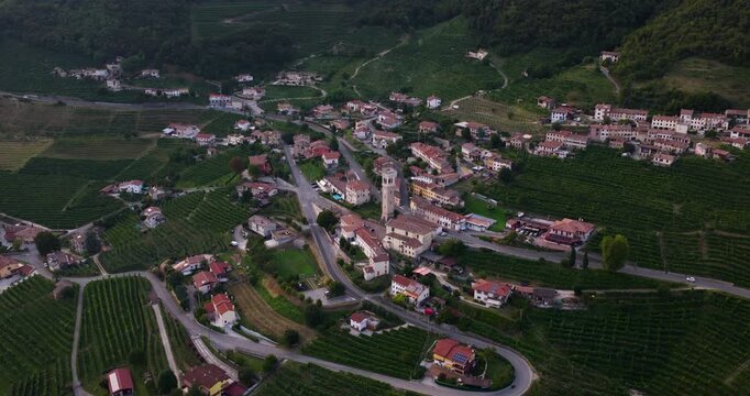 Santo Stefano Remote Village At The Prosecco Hills In The Province Of Treviso, Italy. Aerial Shot