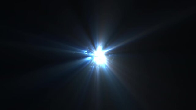 Blue Glowing Energy Orb Emitting Moving Light Rays From Central Point from Darkness. Abstract Energy Flares Shining on Black Background. UFO Alien Style Effect.