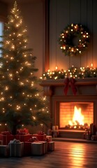 Cozy Christmas Living Room with Fireplace, Christmas Tree, and Warm Lights
