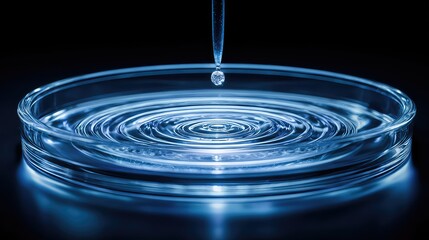Close-Up of Water Droplet Creating Ripples in a Petri Dish Under Soft Blue Light