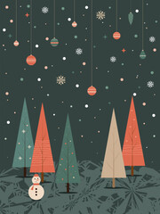 Whimsical mid-century Christmas vector night forest scene with snowman, glowing festive ornaments and soft snow, warm muted retro colors, cozy nostalgic holiday flat illustration for cards and decor